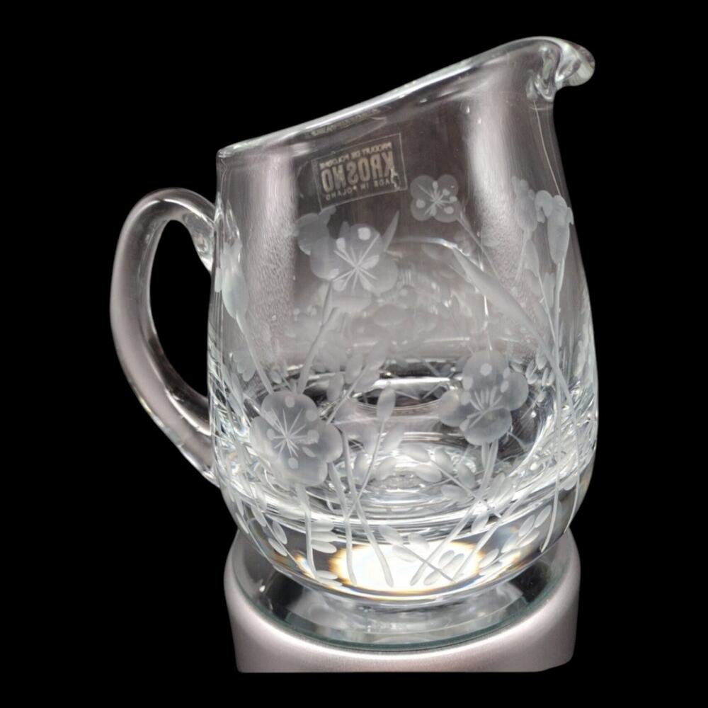Krosno Hand Blown Etched Glass Creamer Applied Handle Floral Design Poland